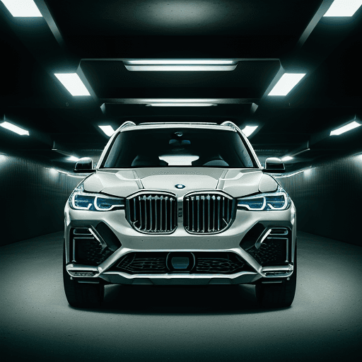 AI generated: A captivating music video scene set in a 90s BMW X7 xDrive30d M Sport Pro parking garage. The car, w...
