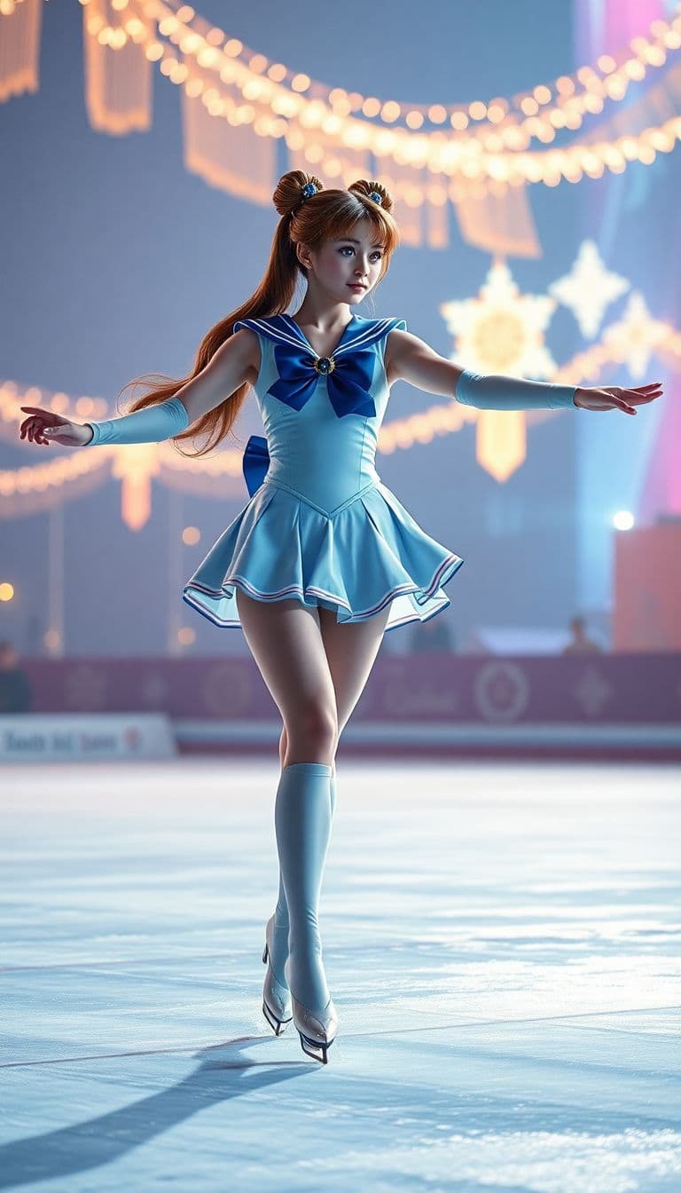 AI generated: Full length shot (FLS) of a beautiful Sailor Moon ice dancing, photorealistic, Hasselblad Camera, 8k...
