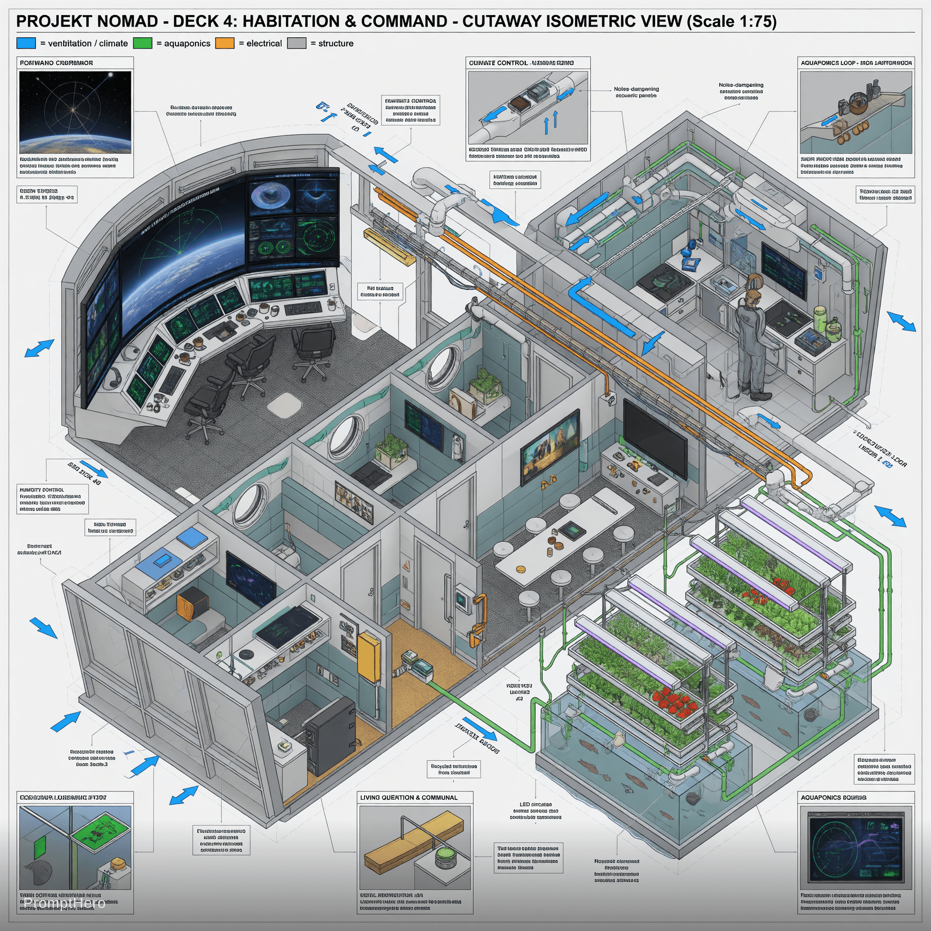 AI generated: Highly detailed technical cutaway isometric view of Deck 4 (Habitation & Command) of Projekt Nomad, ...