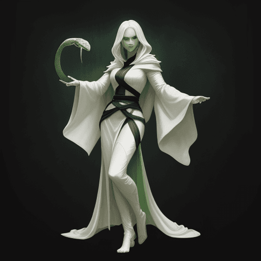 AI generated: Full body portrait of game character, woman sorcerer with a snake lower half elegant, white with a t...