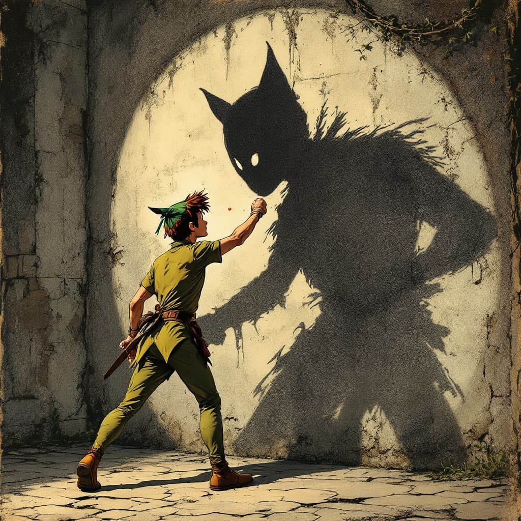 AI generated: Photorealistic comic book cover illustration, full body shot of peter pan fencing with his shadow ag...