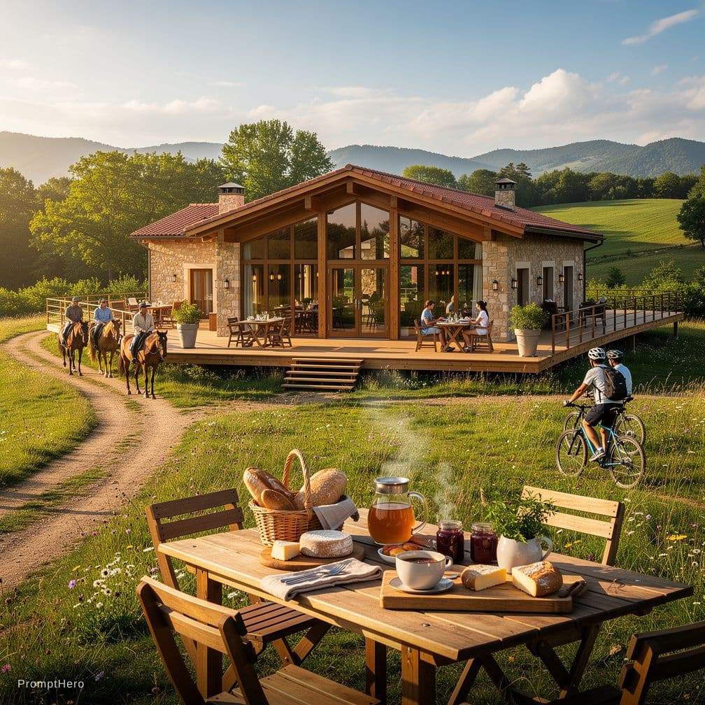 AI generated: A luxurious boutique hotel in the lush green countryside, wide-angle establishing shot. In the foreg...