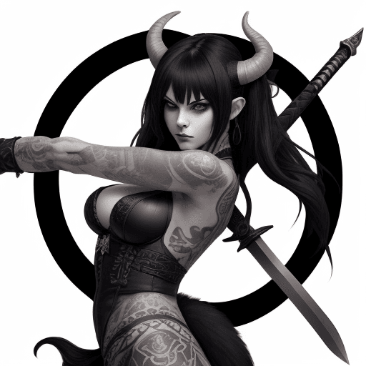 AI generated: The image portrays a female character with horns and a tail, holding a sword with a black and white ...