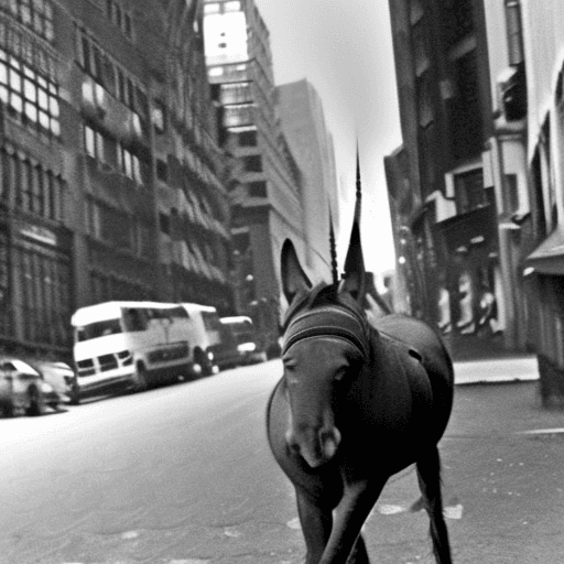 AI generated: Un chat montant un cheval fume une cigarette dans les rues de New York dans les années 20.