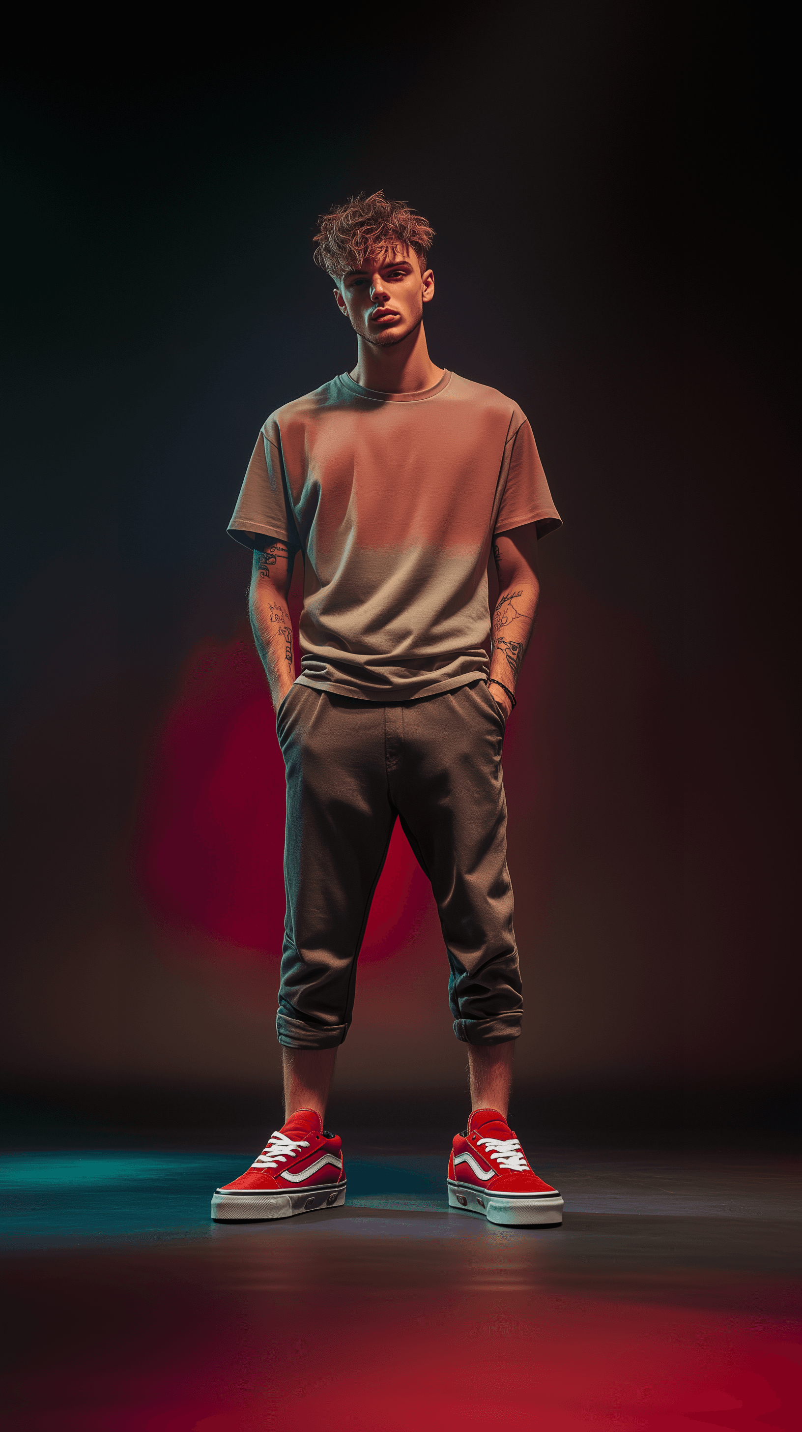 AI generated: fashion photograph, front shot, full body, male model, gaze to front, provocative stare, short styli...