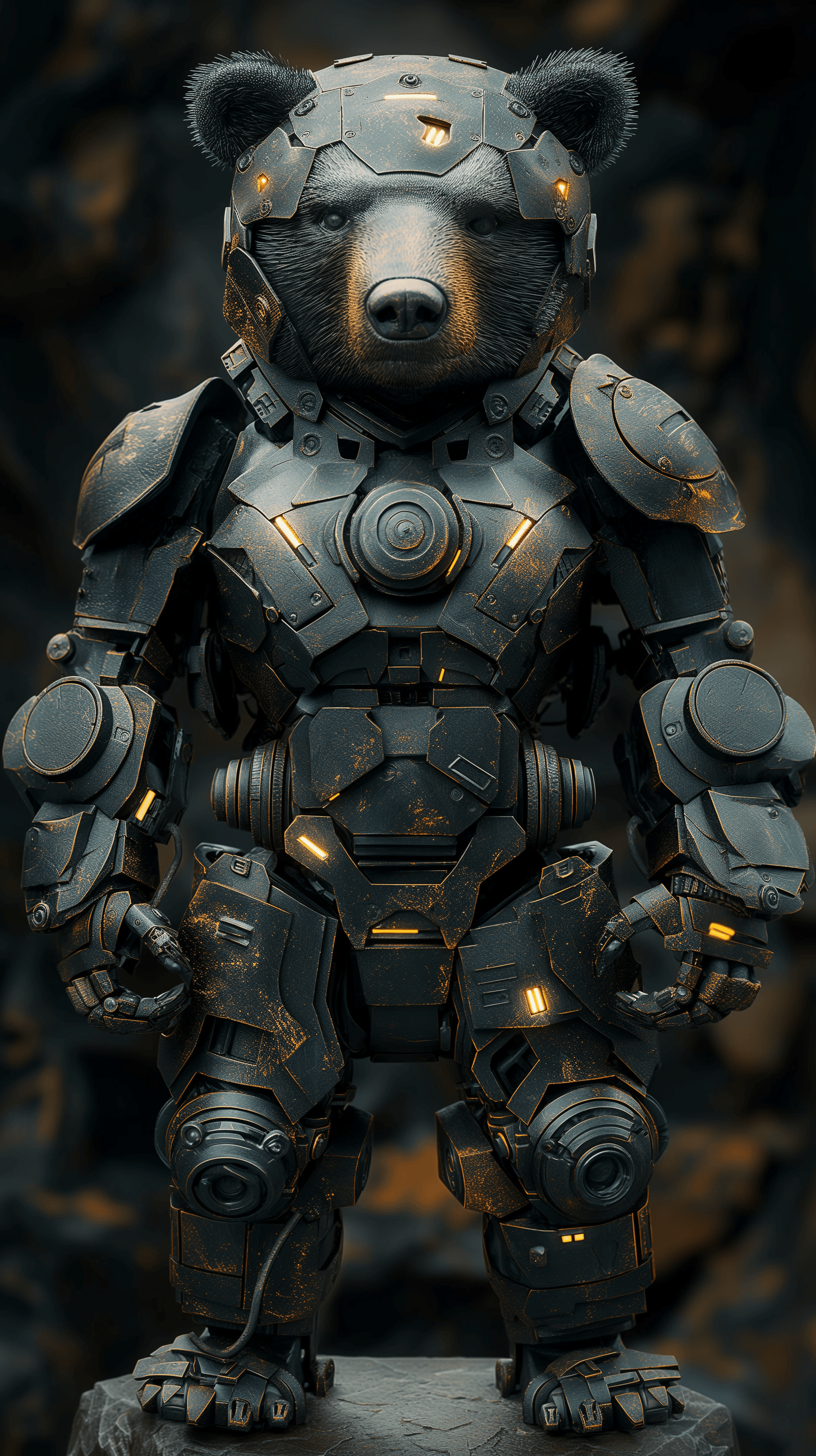 AI generated: a sculpeture of robotic bear, photorealism illuminating, high contrast and highlights, UHD --ar 9:16...