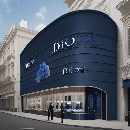 AI generated: Photography of a Dior boutique architecture curved exterior covered blue velvet, photo realism, 8k, ...