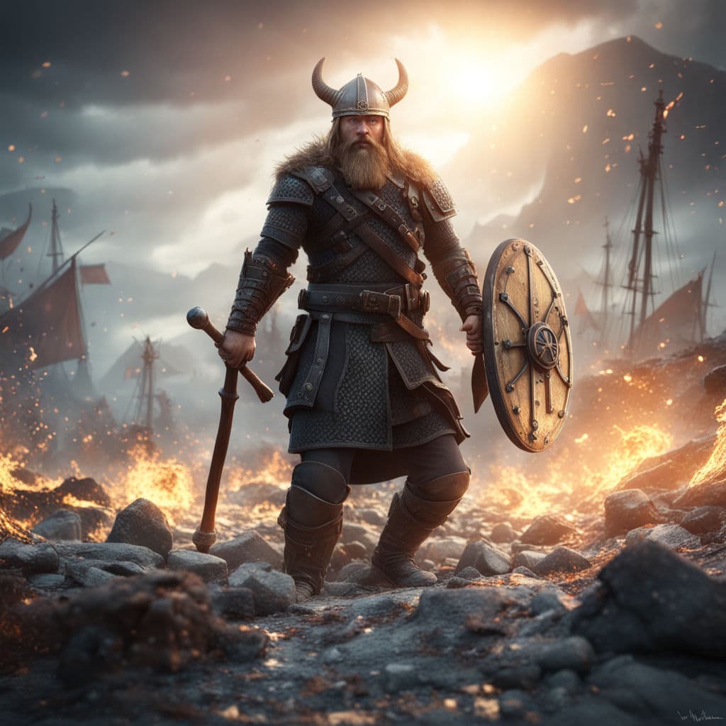 AI generated: Total war of destruction in the land of vikings,viking ship,vikings,seafight,lens flare,dynamic ligh...
