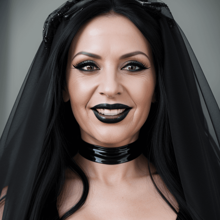 AI generated: hyper realistic headshot photo of a 45 year old woman, wearing a black latex Wedding dress with a bl...
