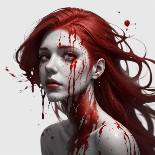 AI generated: A half body portrait of a woman made of blood, half body is submerged in blood, red hair depicting a...