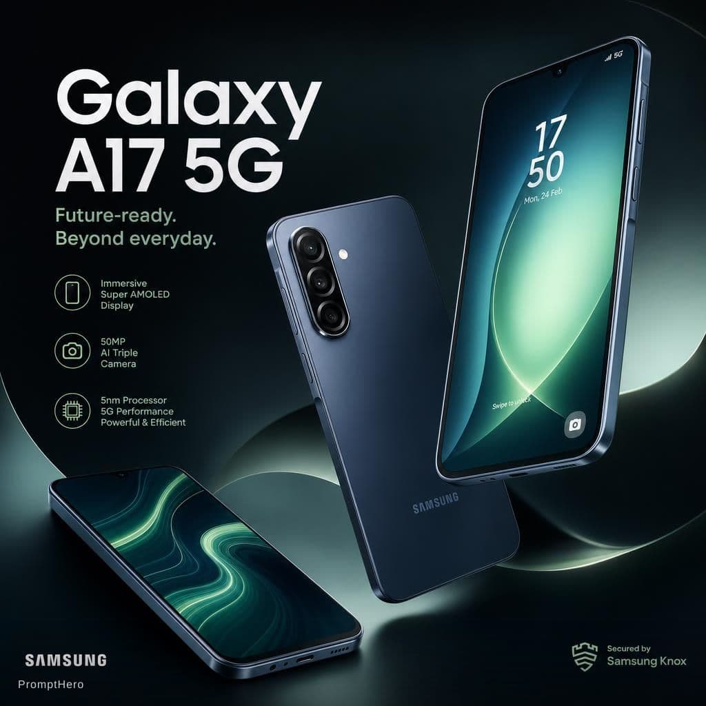 AI generated: Ultra-premium 4:5 vertical luxury campaign poster for samsung galaxy A17 5g cinematic product photog...