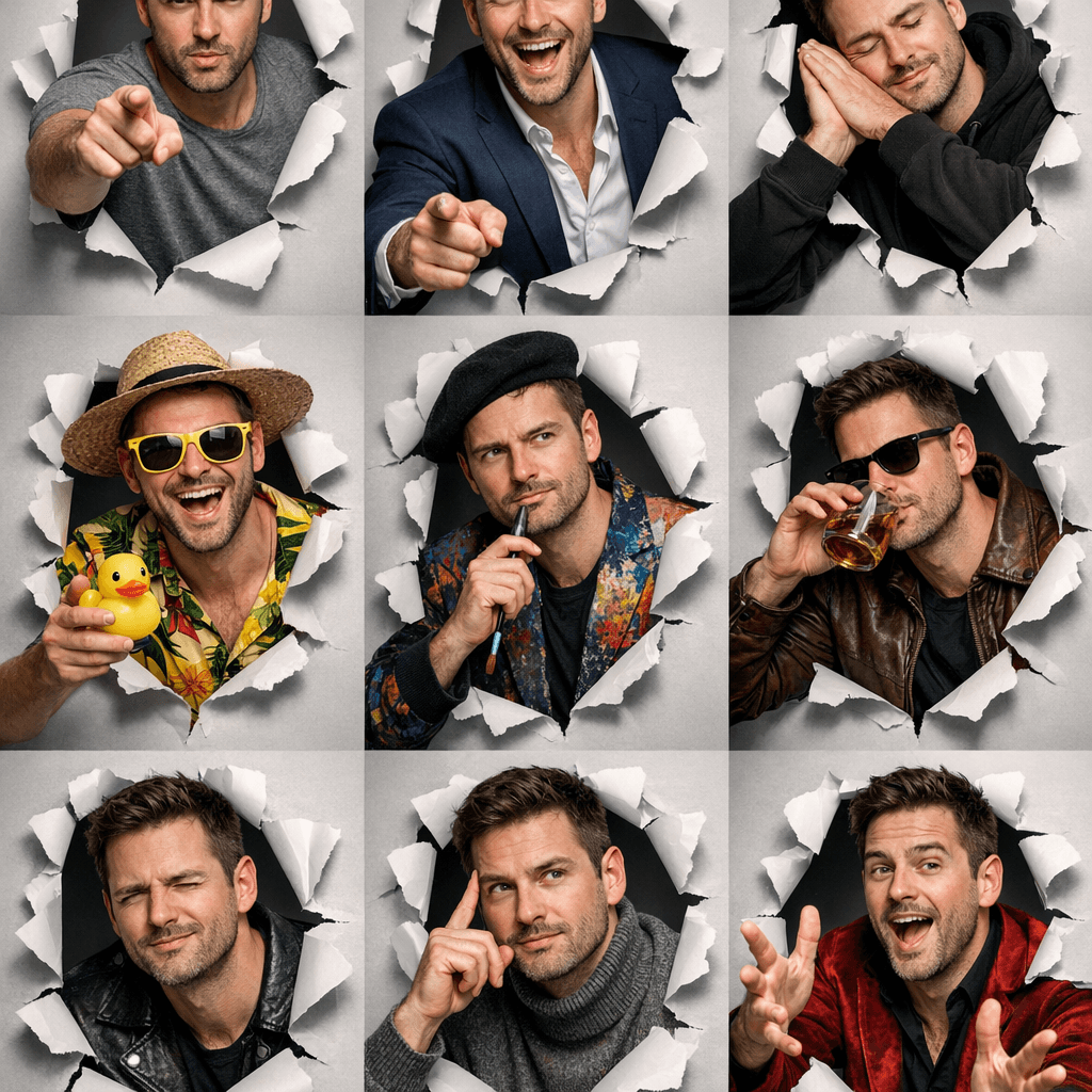 AI generated: Generate a hyper-realistic, 9:16 studio-style collage featuring an adult man  (facial match to the u...