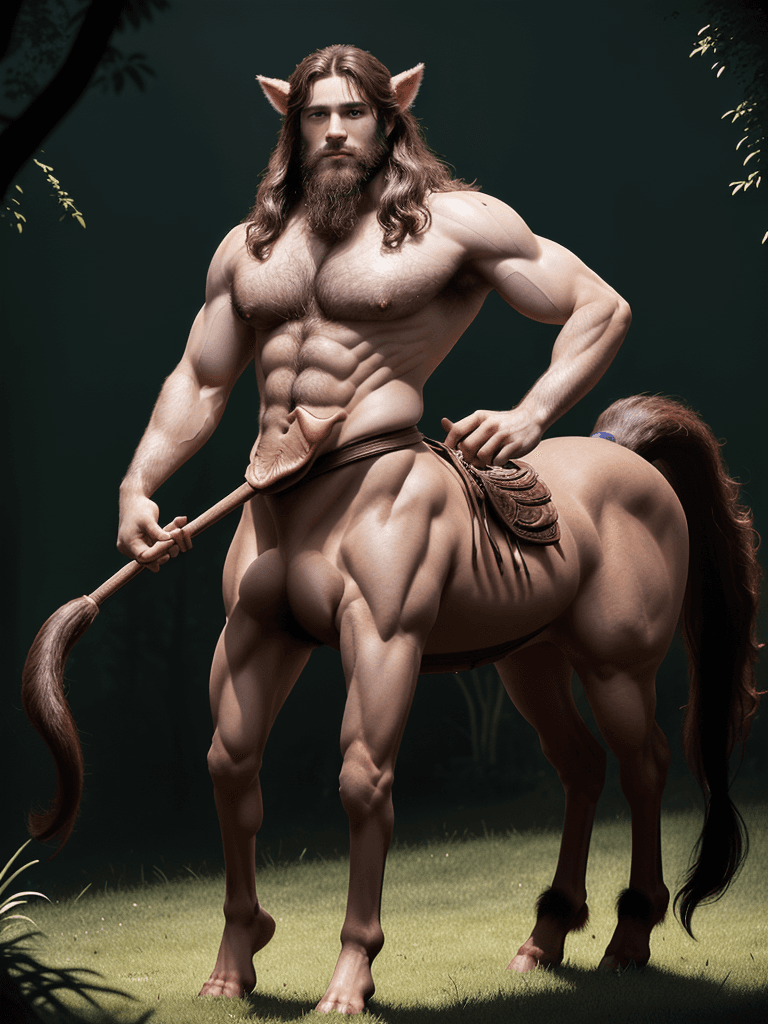 AI generated: A (((centaur man))) full frontal view, (((no clad))), accurate centaur anatomy, full-body shot, uncu...