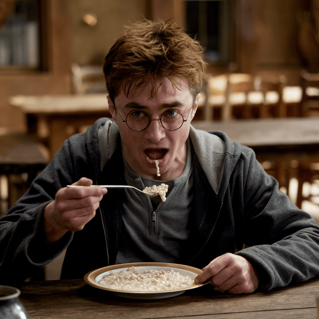 AI generated: draw harry potter eating porridge on a plaite. realistic style,cinematic style