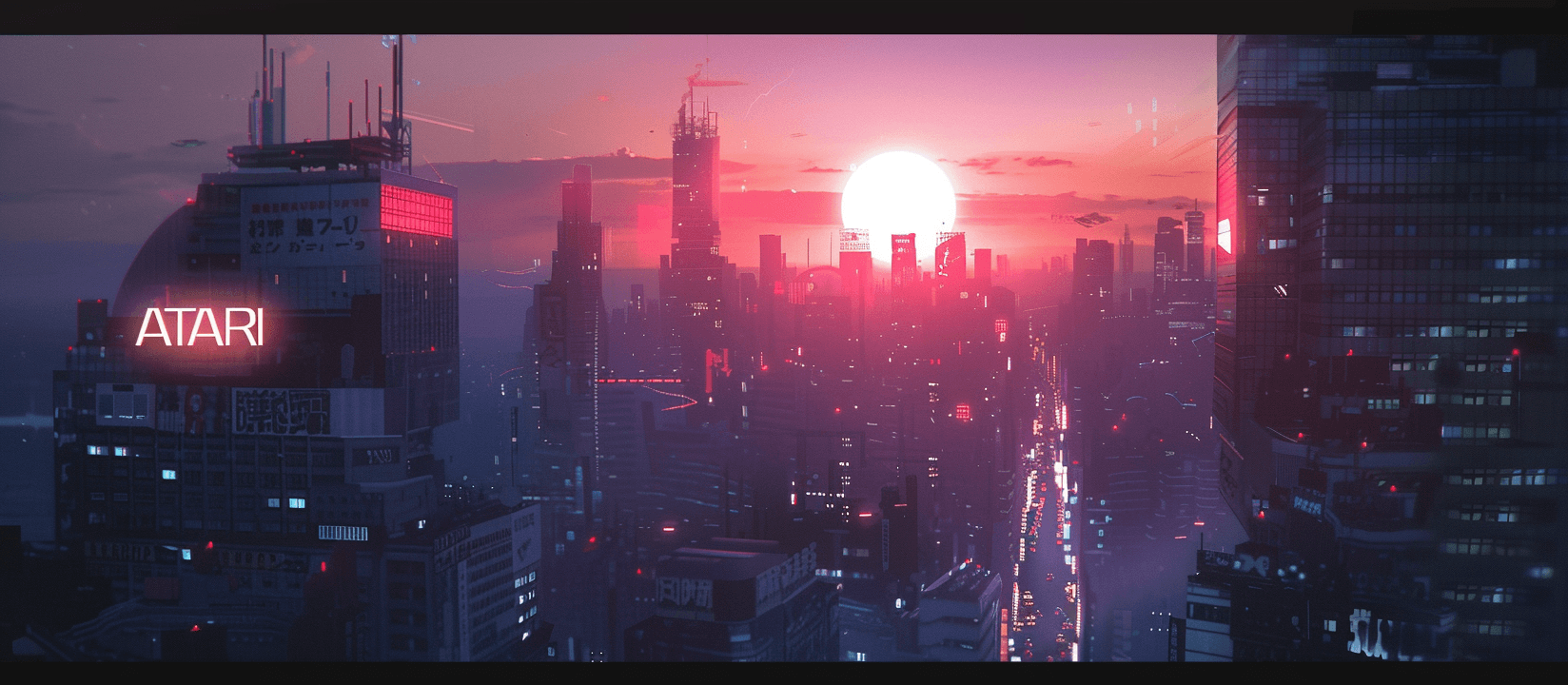 AI generated: The cityscape of the future with tall buildings and streets, the sun is setting in front of it, and ...