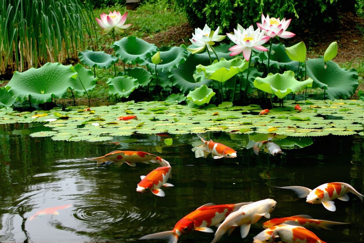 AI generated: quiet pond with lilies and carp in the water. 