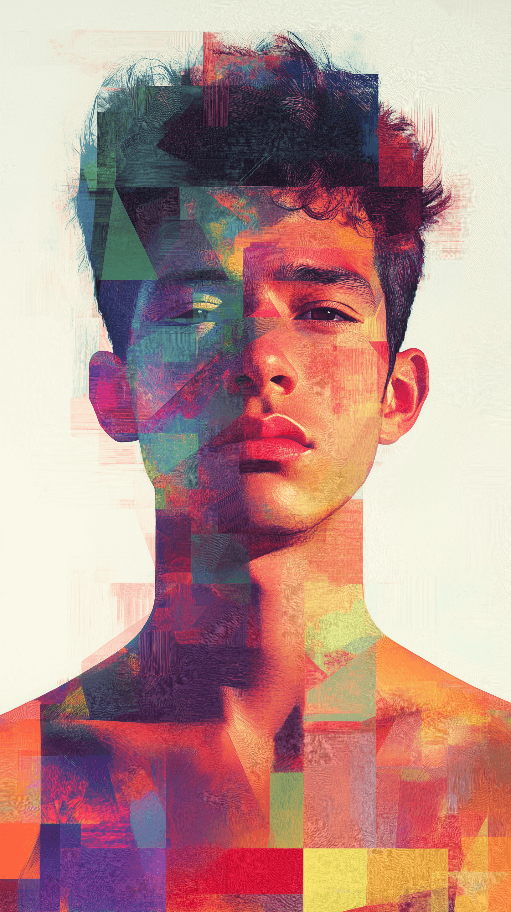 AI generated: illustration, upper body, young male, geometric, bold pixel, his face an array of monochromatic tran...