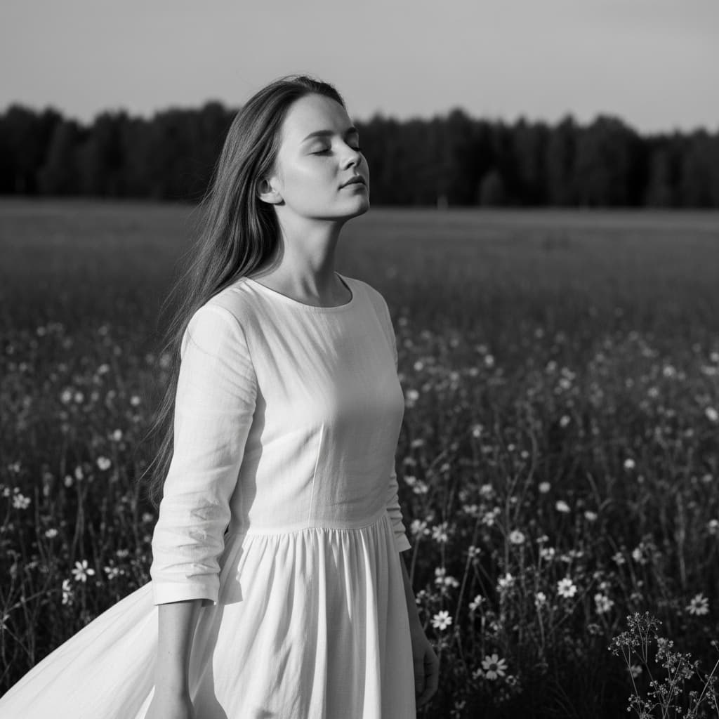 AI generated: Monochromatic outdoor portrait of a woman, eyes closed, flowing hair, light dress, serene expression...