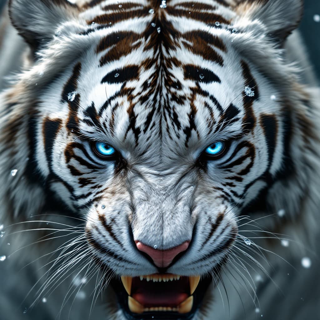 AI generated: Close-up of a white tiger, intense expression,  eyes glowing with a blue-grey color,  powerful jaw, ...