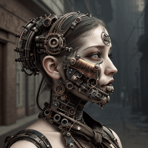 AI generated: steampunk beauty, in the style of dystopian art, fantastical street, uhd image, distinctive noses, h...