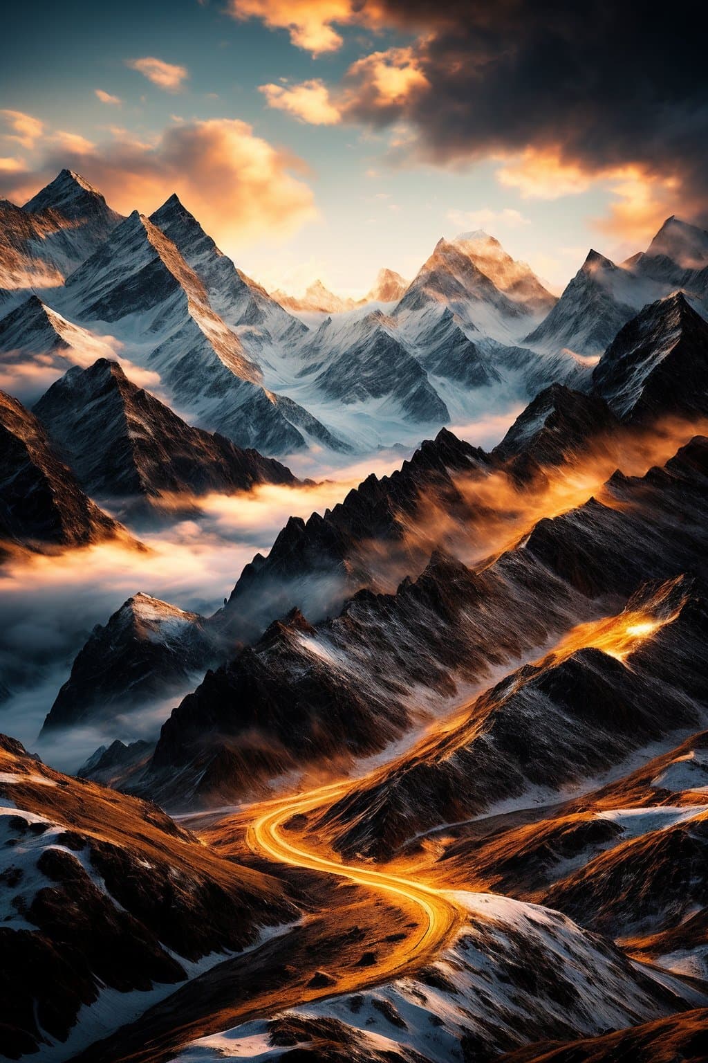 AI generated: action packed, mountains, mountain landscape, Himalayas, cozy wallpaper, 4k, high details, volumetri...