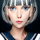 AI generated: Right face with bangs, short hair, bangs, silver hair, blue eyes, beautiful lips, kind face, introve...