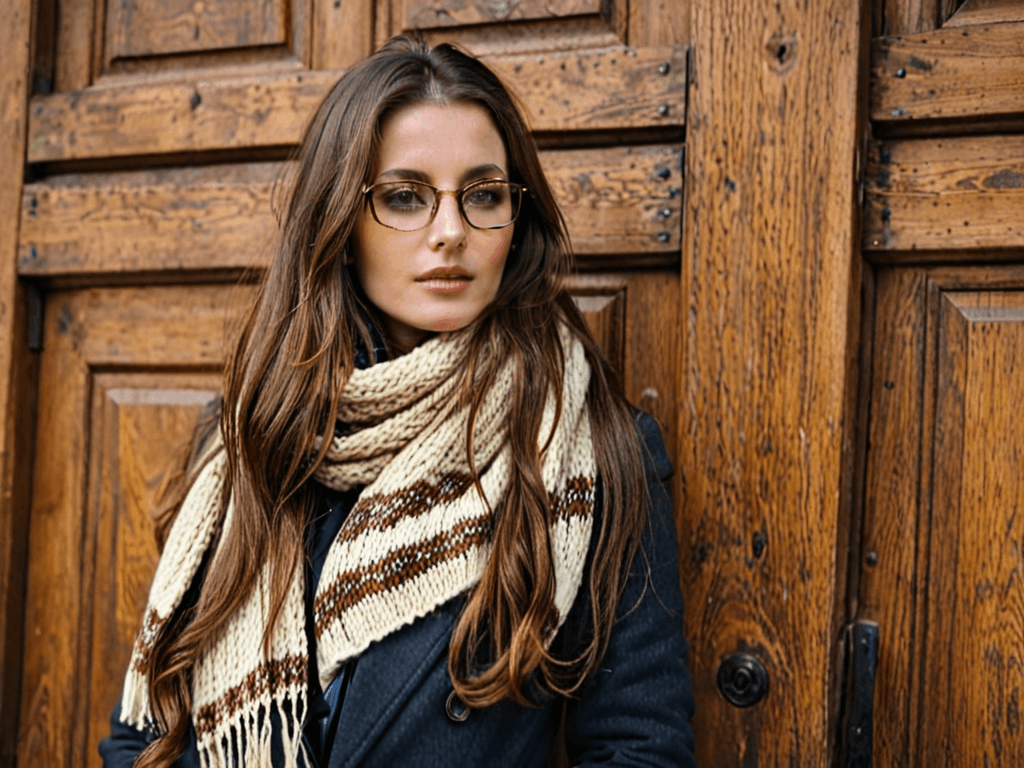 AI generated: Medium close-up, photograph of, a woman leaning up a large wooden door, very long brunette hair, wea...