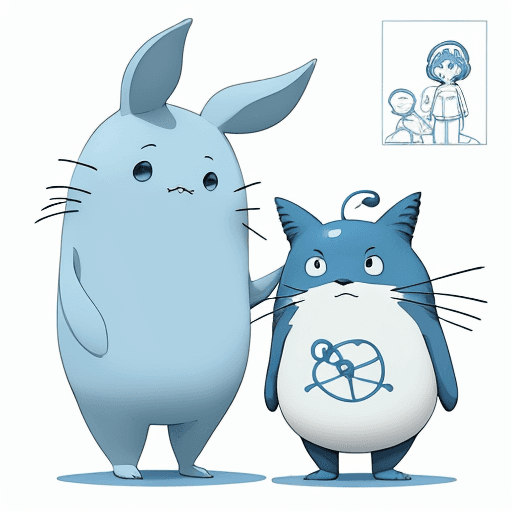AI generated: Create a whimsical blue line art illustration of a cartoon character is suitable for print on demand...