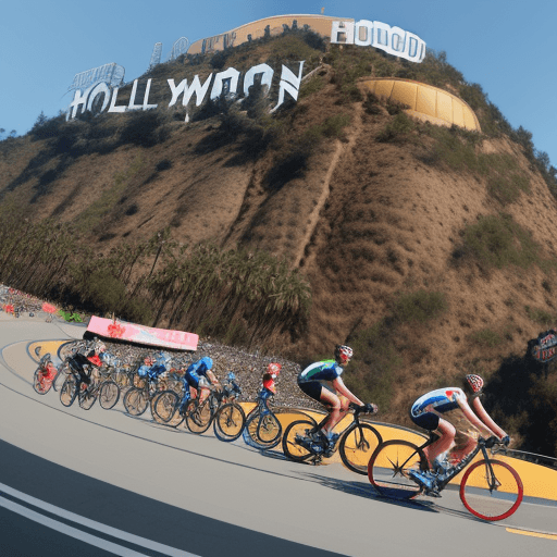 AI generated: un bicycle world with lot of flying hamburger and an hollywood sign front the mountain