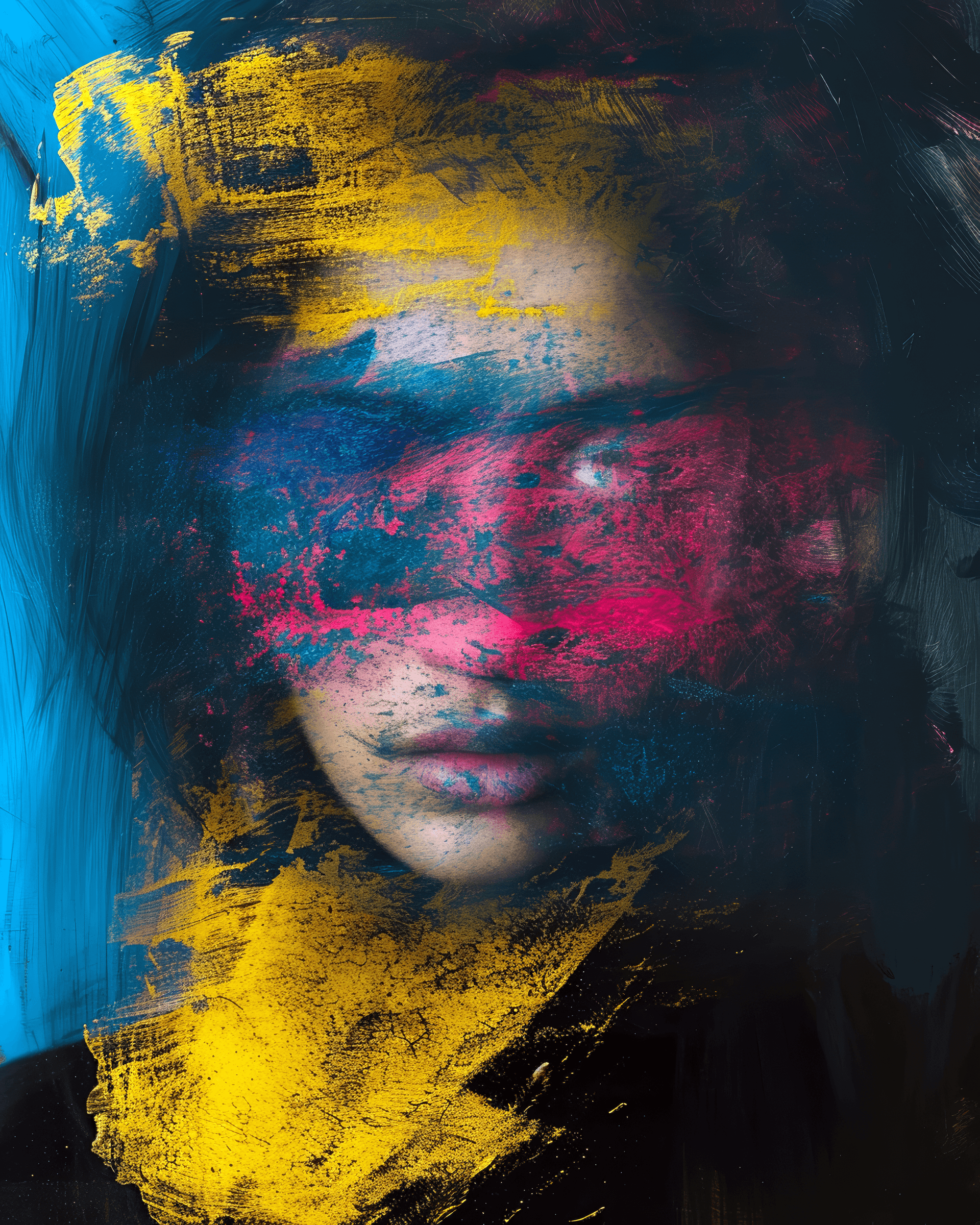 AI generated: portrait in the style of richard avedon, face obscured with Neon blue, mustard, powder pink, brandy ...