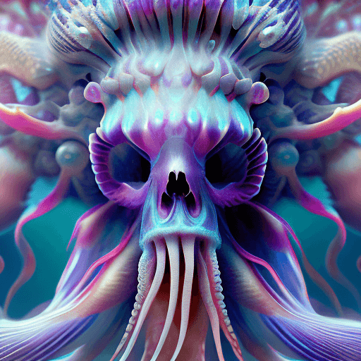 AI generated: Goddess close-up portrait ribcagel. jellyfish phoenix head, nautilus, orchid, skull, betta fish, bio...