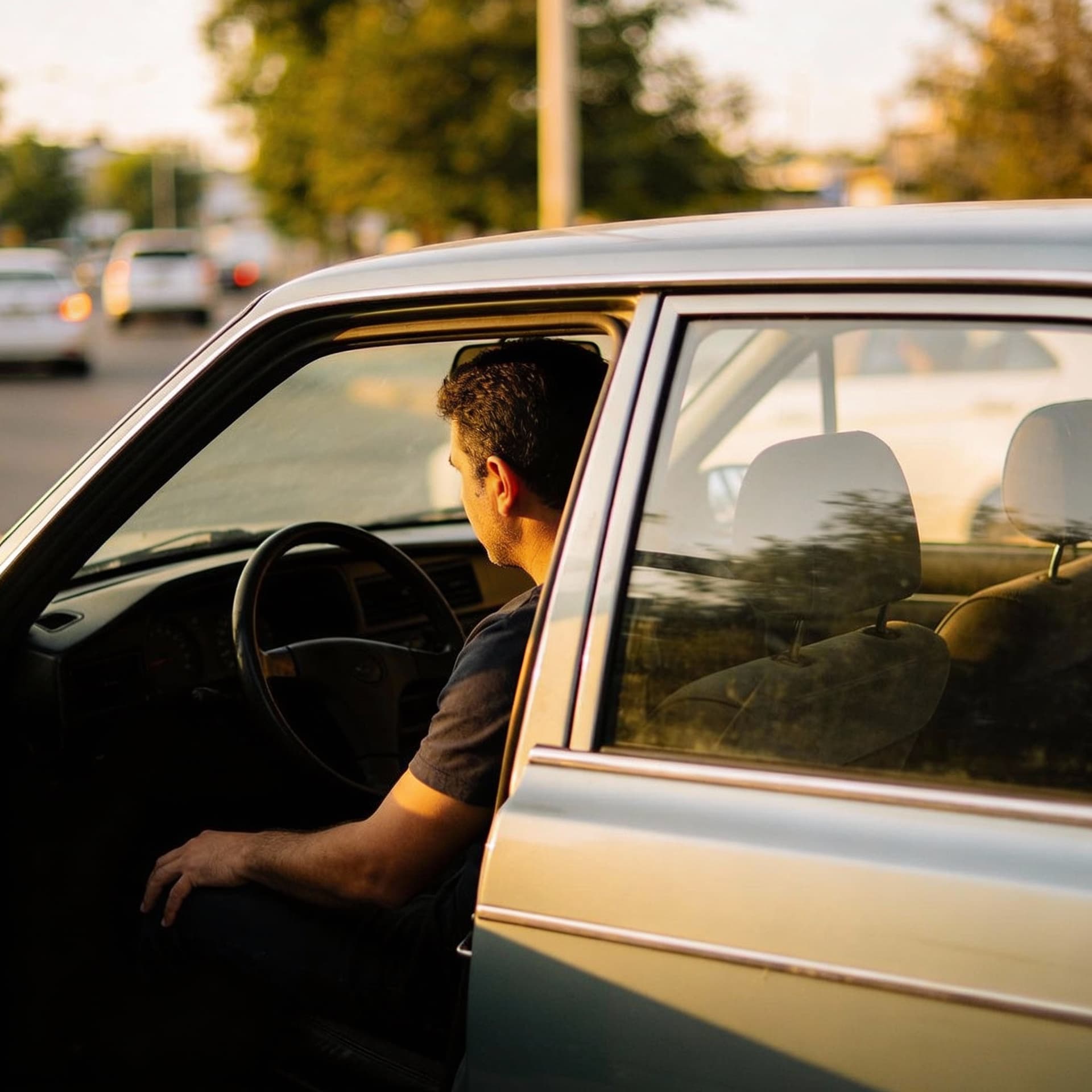 AI generated: A man sits alone in this car in the position of looking out the open window