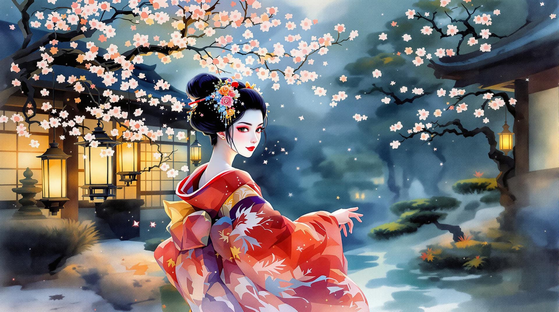 AI generated:  A vibrant watercolor portrait of a Japanese geisha, depicted in dynamic motion, set amidst a serene...