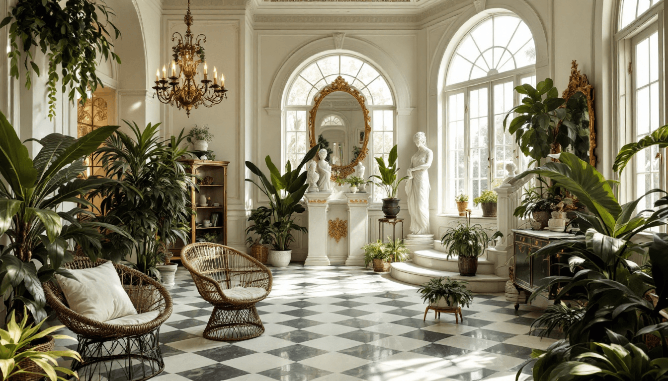 AI generated: bright victorian mansion with lots of plants, marble statues, and wicker chairas
