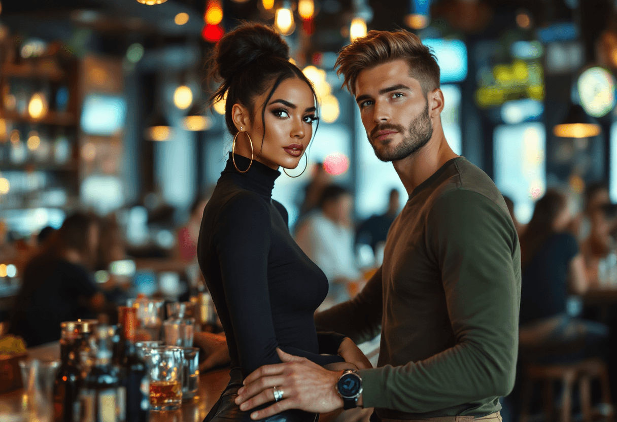 AI generated: Hyper-realistic photography of a gorgeous couple (Ana and Mike), standing in a crowded modern bar. A...