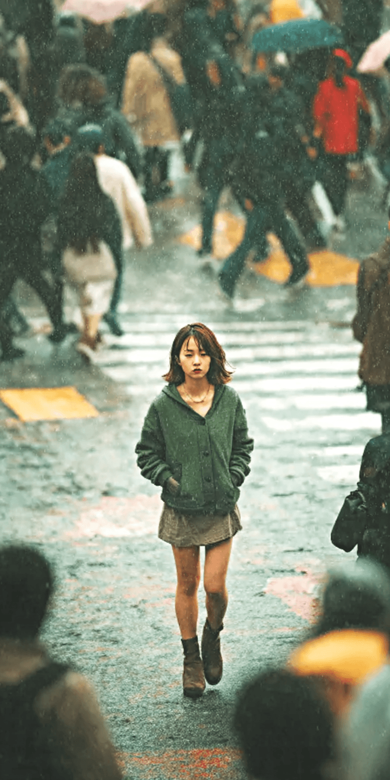 AI generated: Gen Z woman, Shibuya Scramble Crossing, shot on a Sony A7 III --chaos 75 --ar 1:2 --sref 386573526 -...