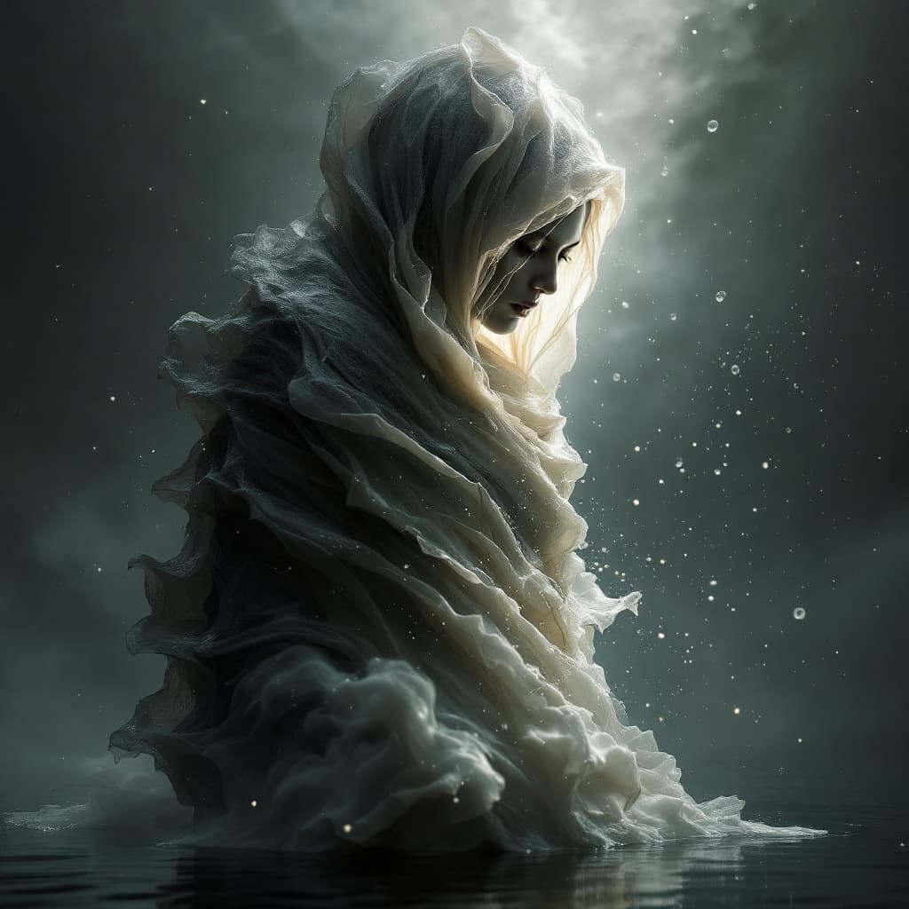 AI generated: image d'une personne enveloppée dans un matériau semblable à un linceul, semble fusionner avec l'air...