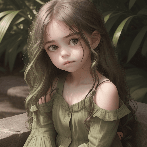 AI generated: A little girl  seated outdoors, leaning slightly forward with long wavy hair cascading over her shou...