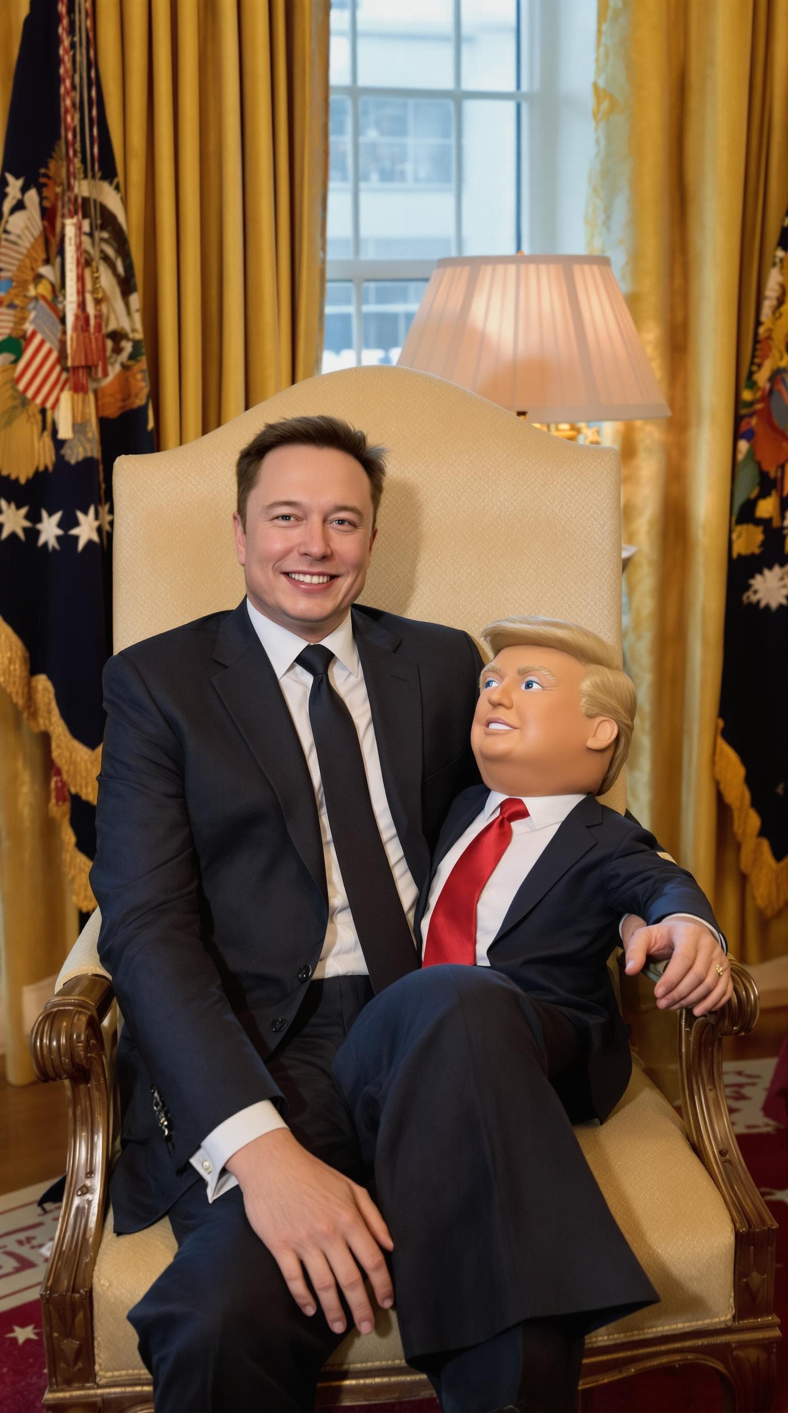 AI generated: Elon Musk sat on a chair in the white house, with a ventriloquist doll that looks like Donald Trump ...