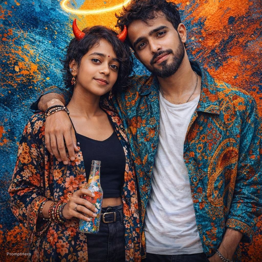 AI generated: A photo of a real man and woman standing side-by-side. Behind them is a wall with an abstract mix of...