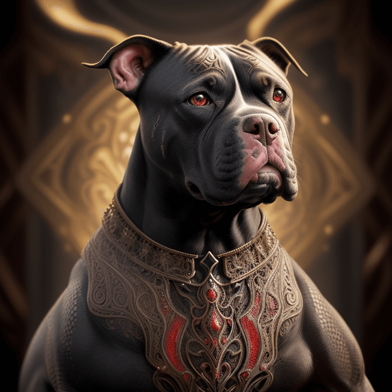 AI generated: Knelling American Pitbull Terrier, amazing, very exciting, cute red eyes, brown tones, filigree lase...