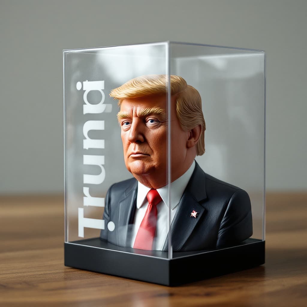 AI generated: Figurine de Donald Trump dans une boîte en plastique transparent avec inscription « Trump » en lettr...