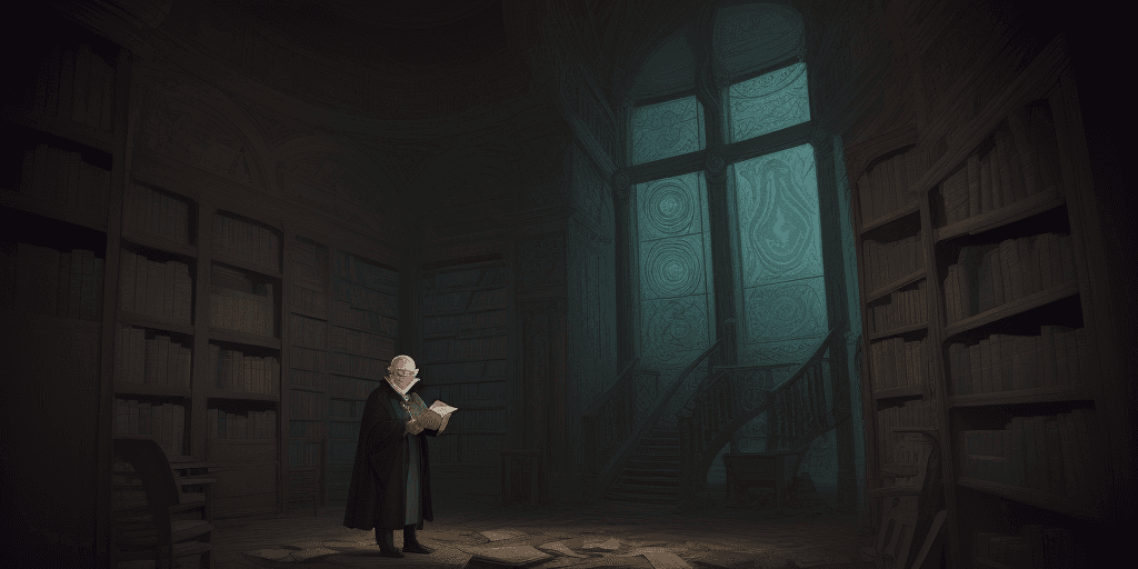 AI generated: old librarian exploring forbidden knowledge of the eldritch gods