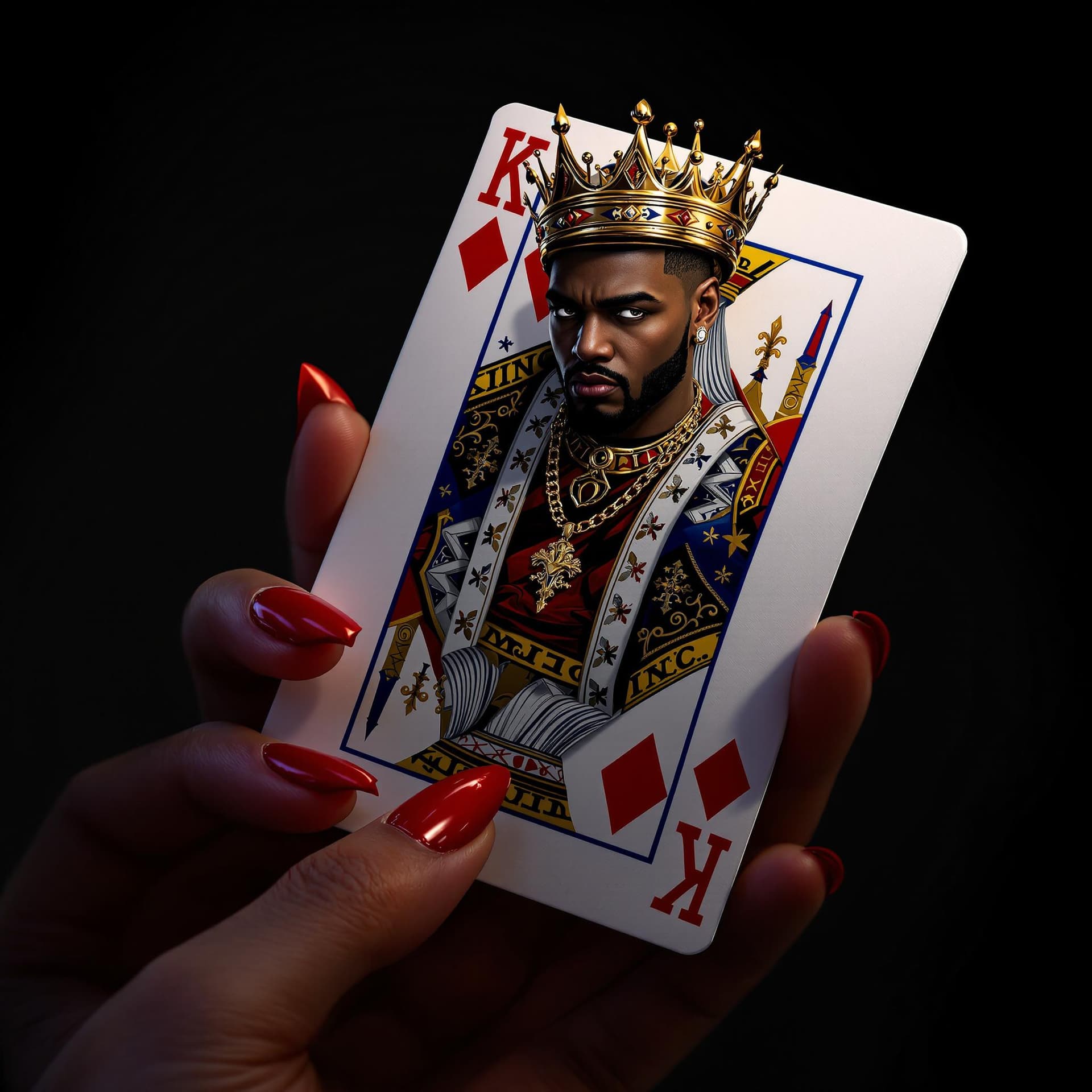 AI generated: a woman's hand with long red nails holding a king of diamonds playing card depicting a realistic hip...
