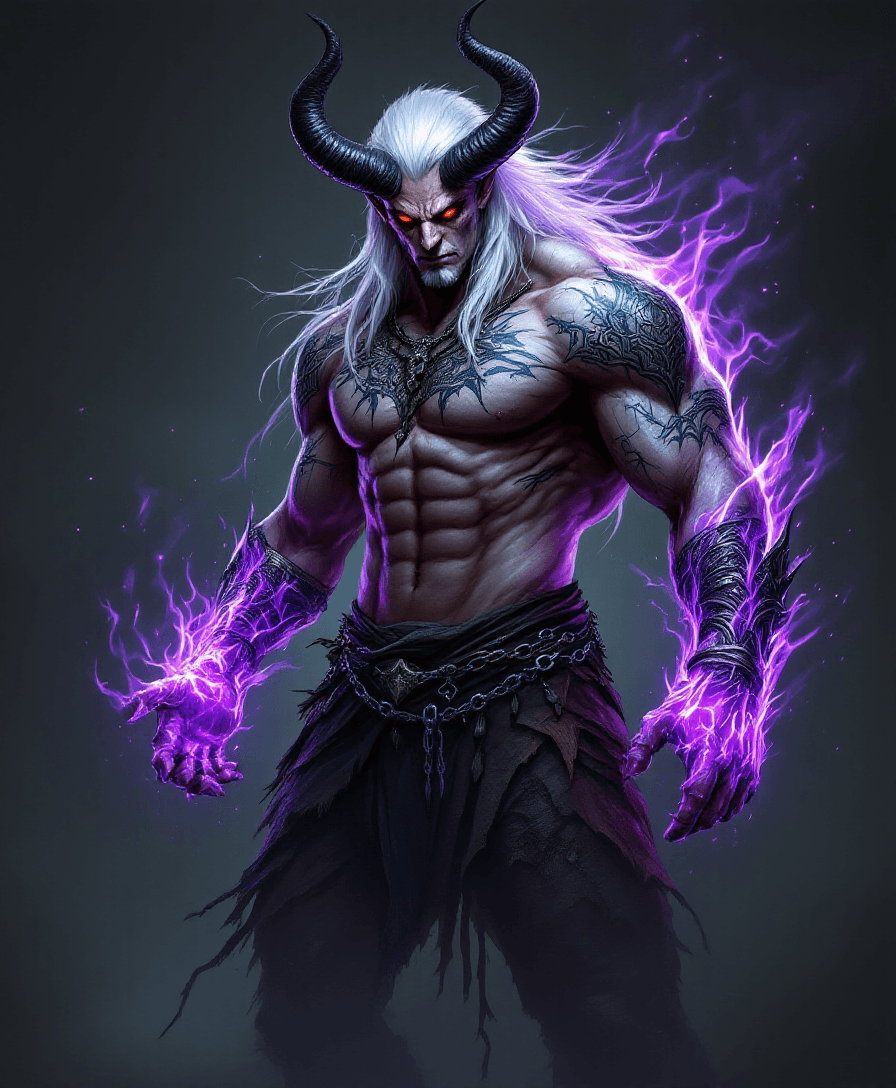 AI generated: This appears to be a fantasy-style character 
A powerful demonic warrior with a muscular build, glow...