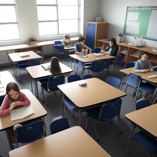 AI generated: students working togather in groups setting around tables in the classroom