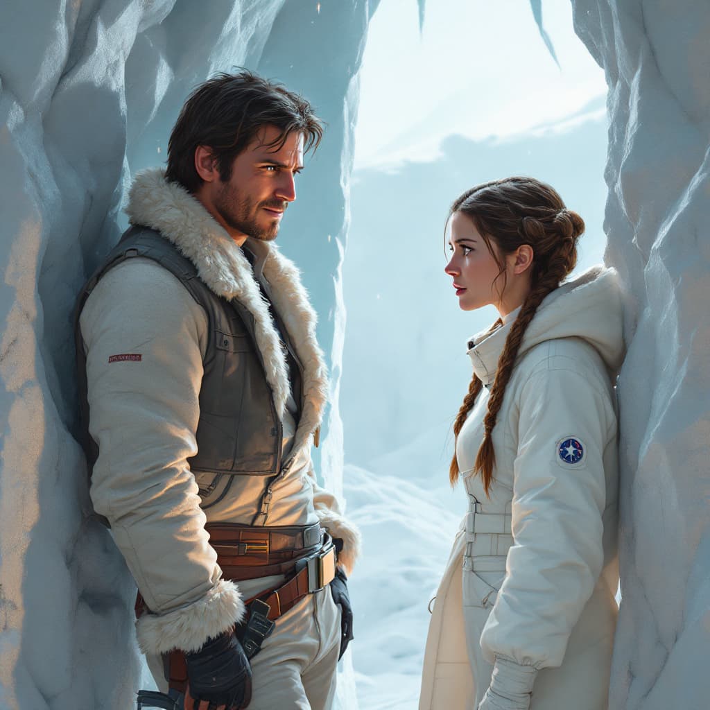 AI generated: "Create a digital painting of a dramatic and intimate scene set in the icy South Passage of Echo Bas...