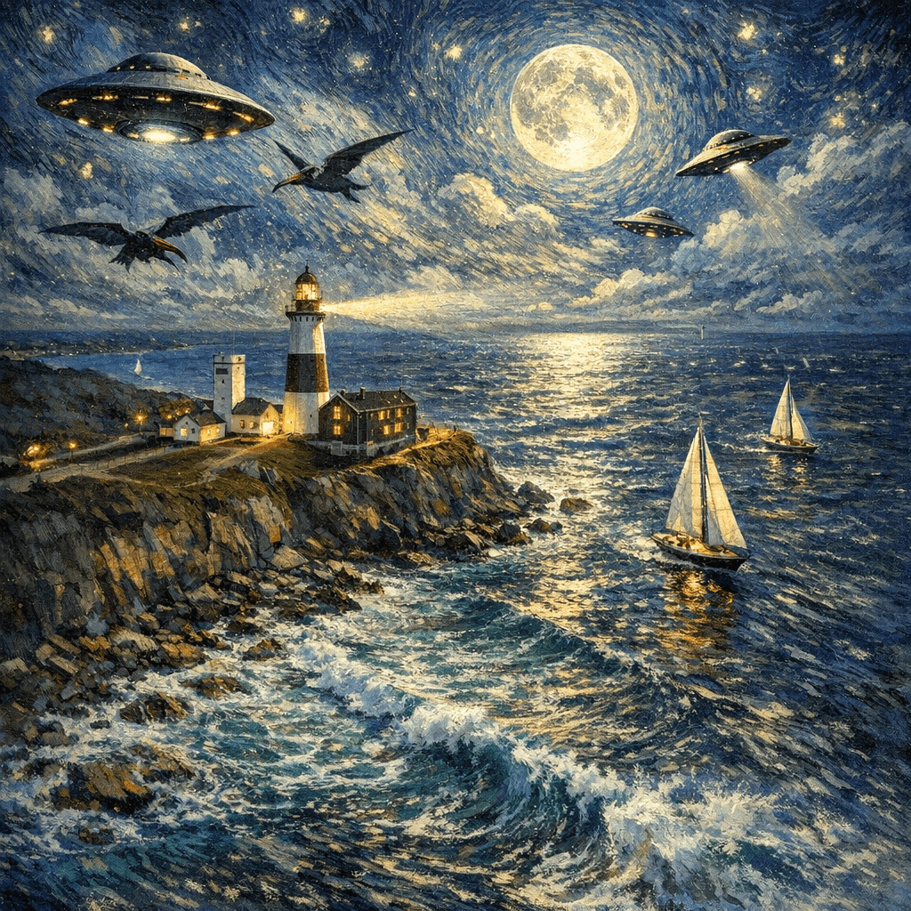 AI generated: In the style of Vincent Van Gogh, the Montauk lighthouse sitting on a cliff by the ocean in the ocea...