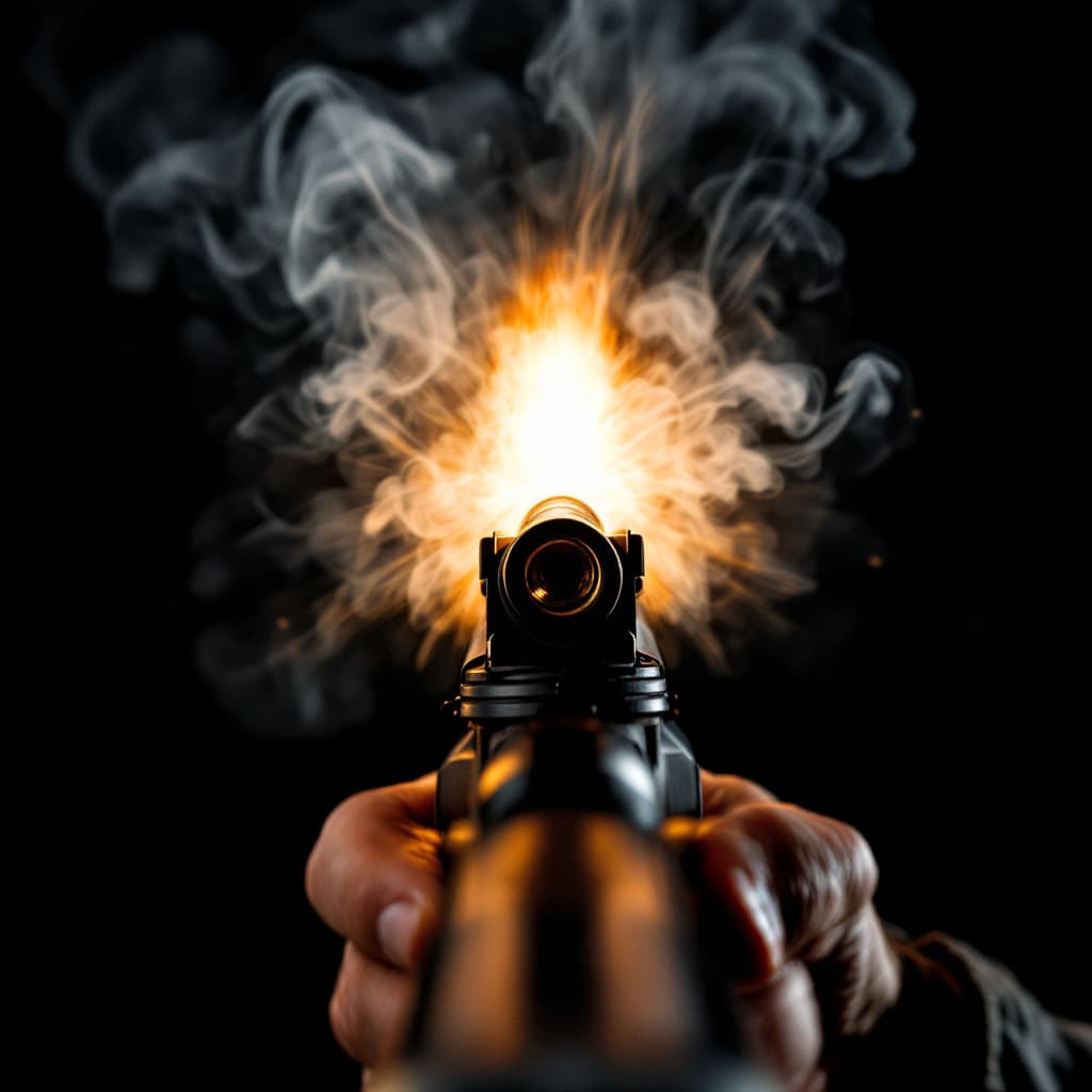 AI generated: Generate a frontal image of a projectile exiting the barrel of a hunting weapon with a black backgro...