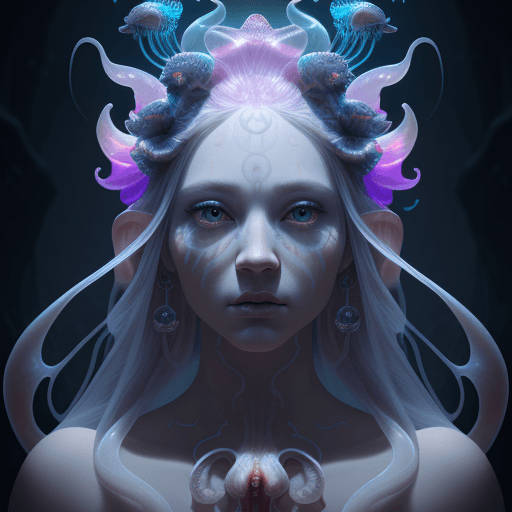 AI generated: Goddess close-up portrait ribcagel. jellyfish phoenix head, nautilus, orchid, skull, betta fish, bio...